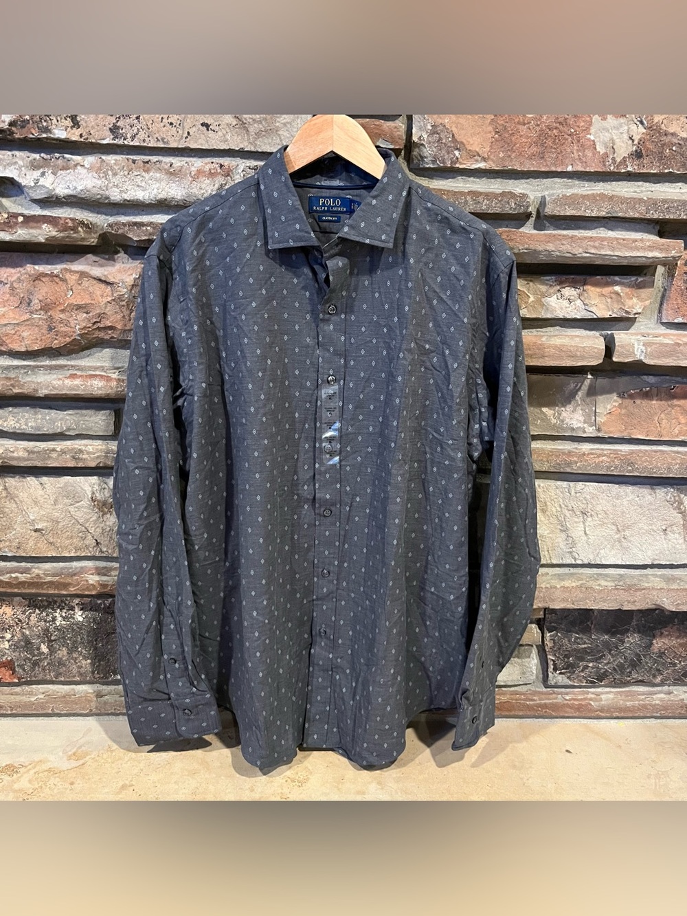 Polo Ralph Lauren Charcoal Diamond Print 100% Cotton Spread Collar Casual Shirt